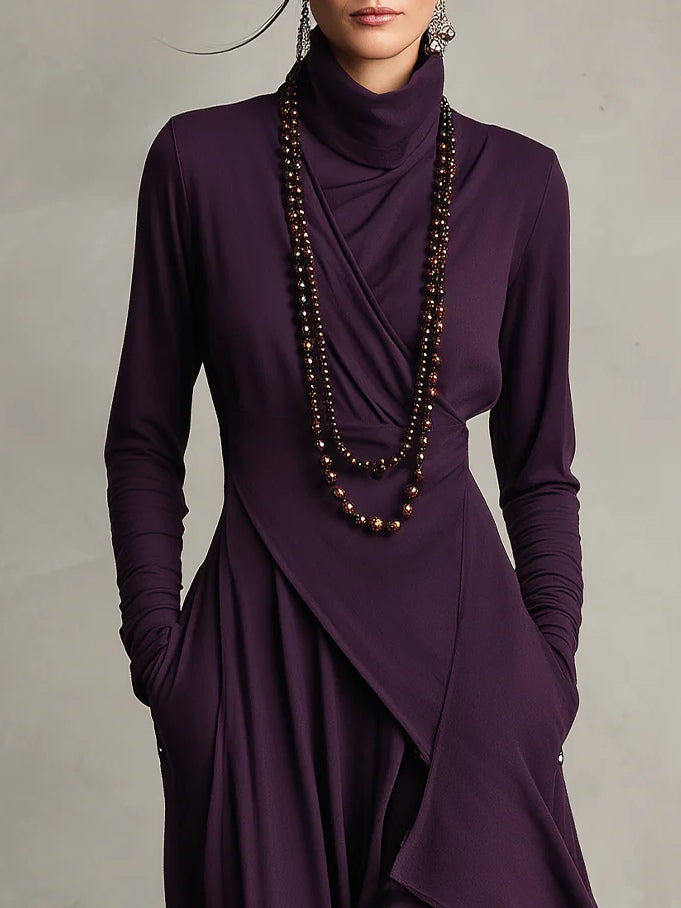 Women's asymmetric turtleneck maxi dress with long sleeves and pockets