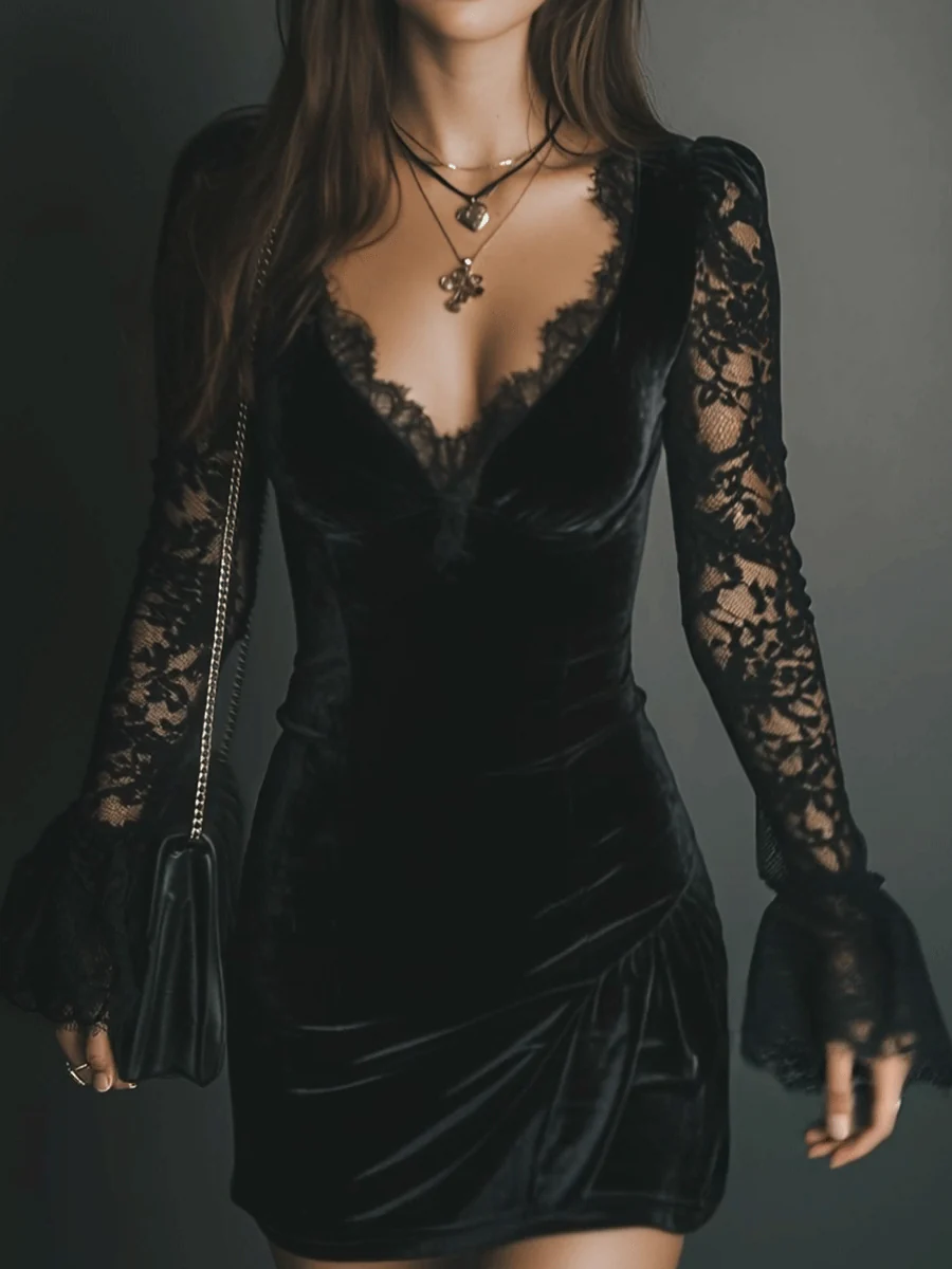 Women's black velvet mini dress with V-neckline and long lace sleeves