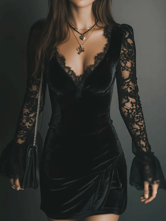 Women's black velvet mini dress with V-neckline and long lace sleeves