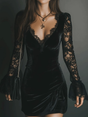 Women's black velvet mini dress with V-neckline and long lace sleeves