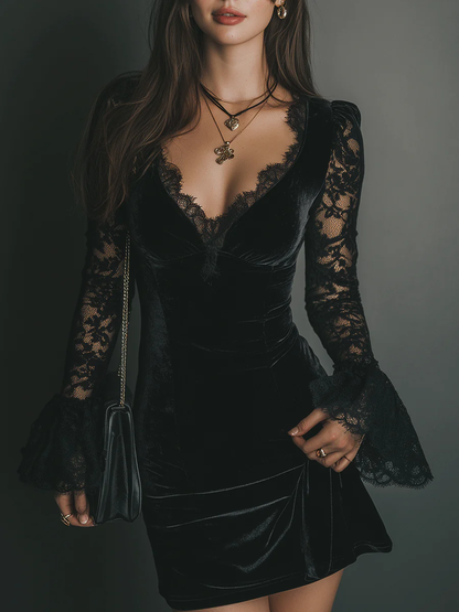 Women's black velvet mini dress with V-neckline and long lace sleeves