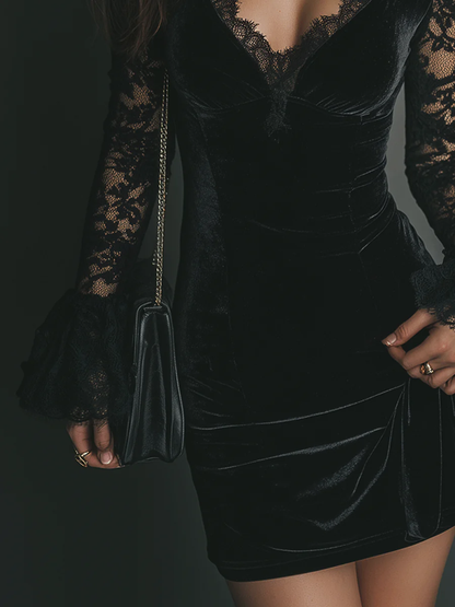 Women's black velvet mini dress with V-neckline and long lace sleeves