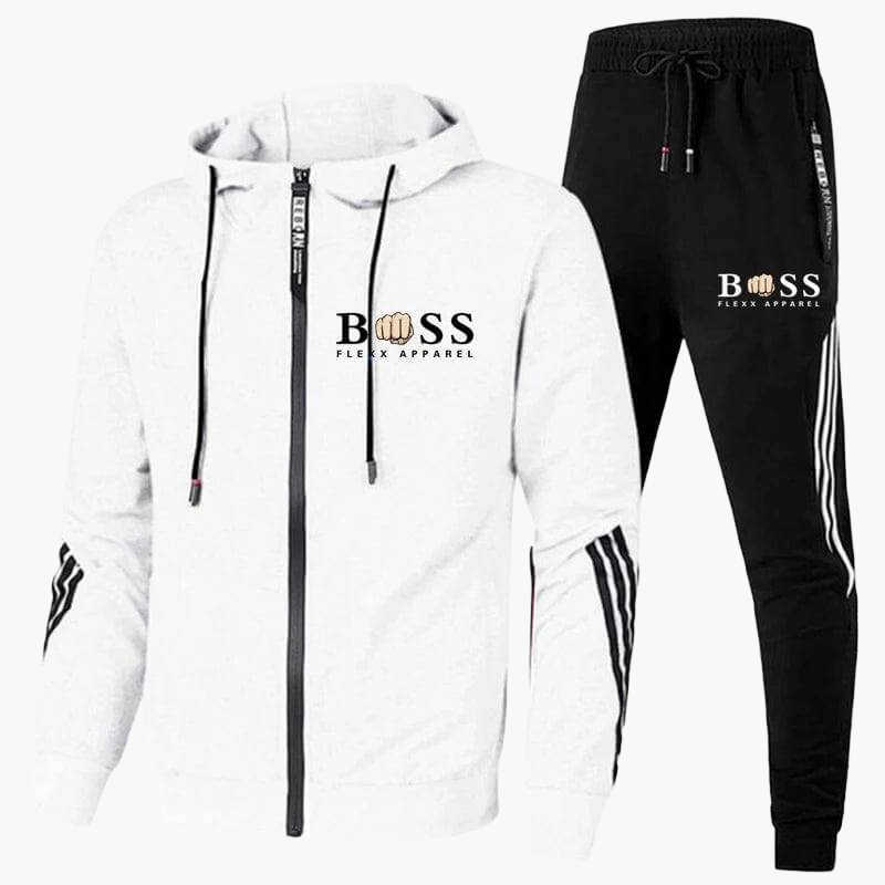 Men's hooded tracksuit set with zip jacket, tapered trousers and contrast stripes