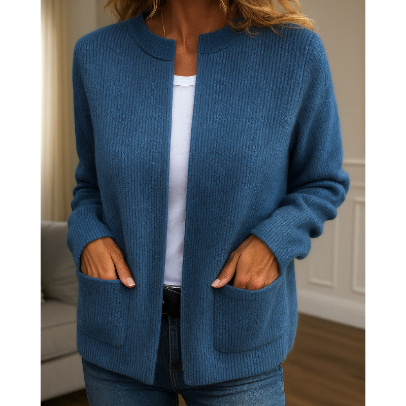 Women's open-front knit cardigan with patch pockets
