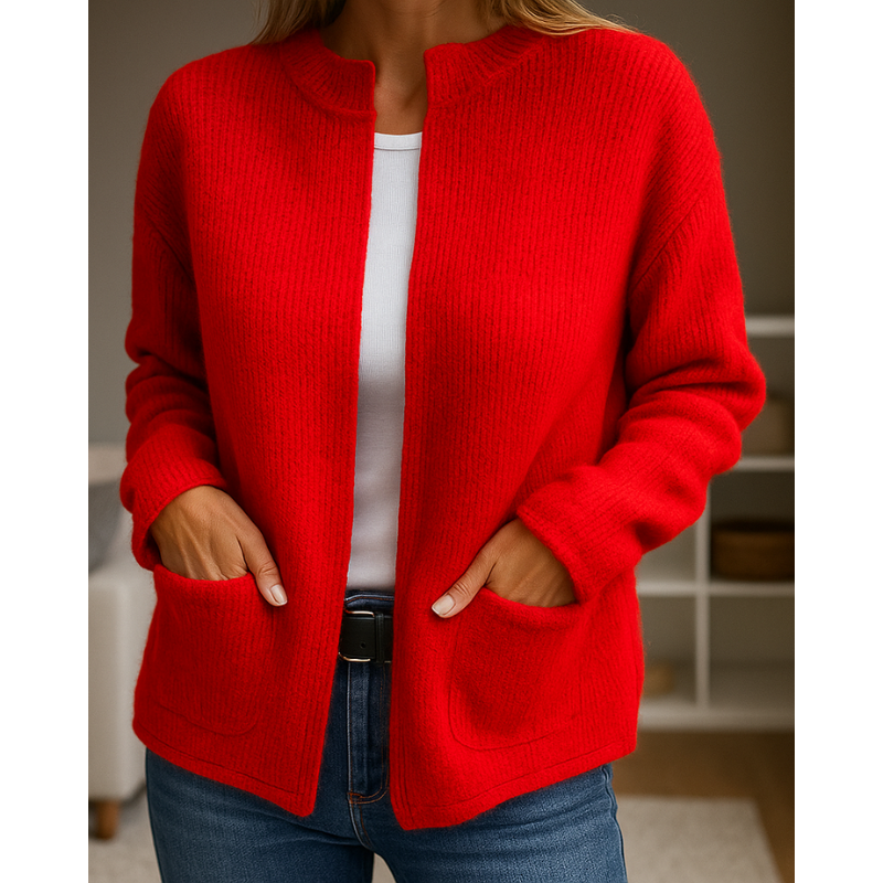 Women's open-front knit cardigan with patch pockets
