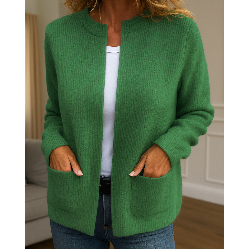 Women's open-front knit cardigan with patch pockets