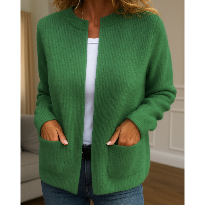 Women's open-front knit cardigan with patch pockets