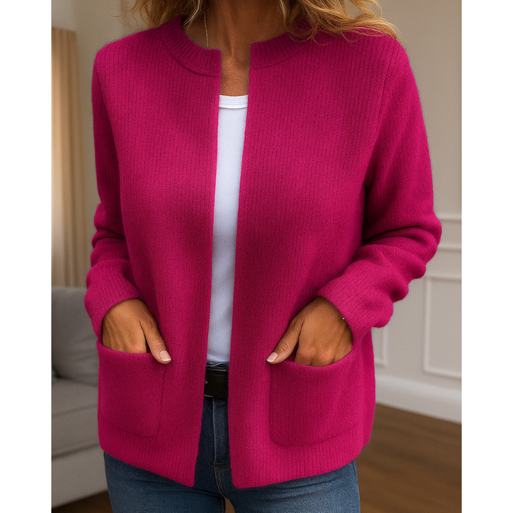 Women's open-front knit cardigan with patch pockets