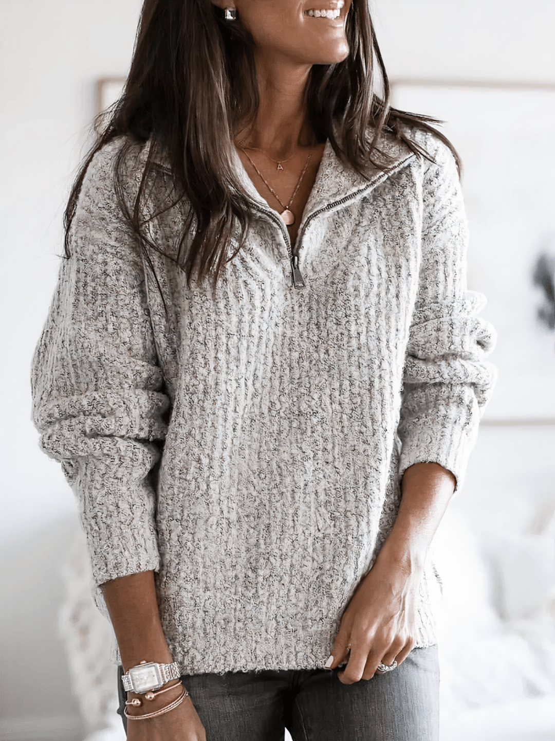 Women's textured knit quarter-zip sweater with mock neck and long sleeves