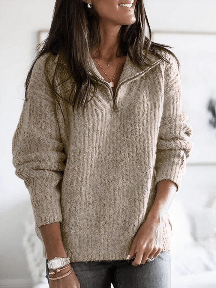 Women's textured knit quarter-zip sweater with mock neck and long sleeves