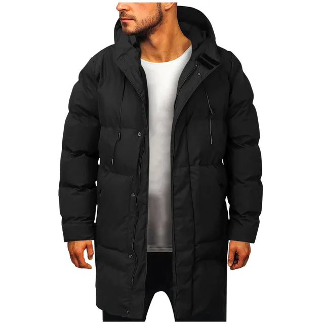 Men's long hooded puffer coat with front pockets