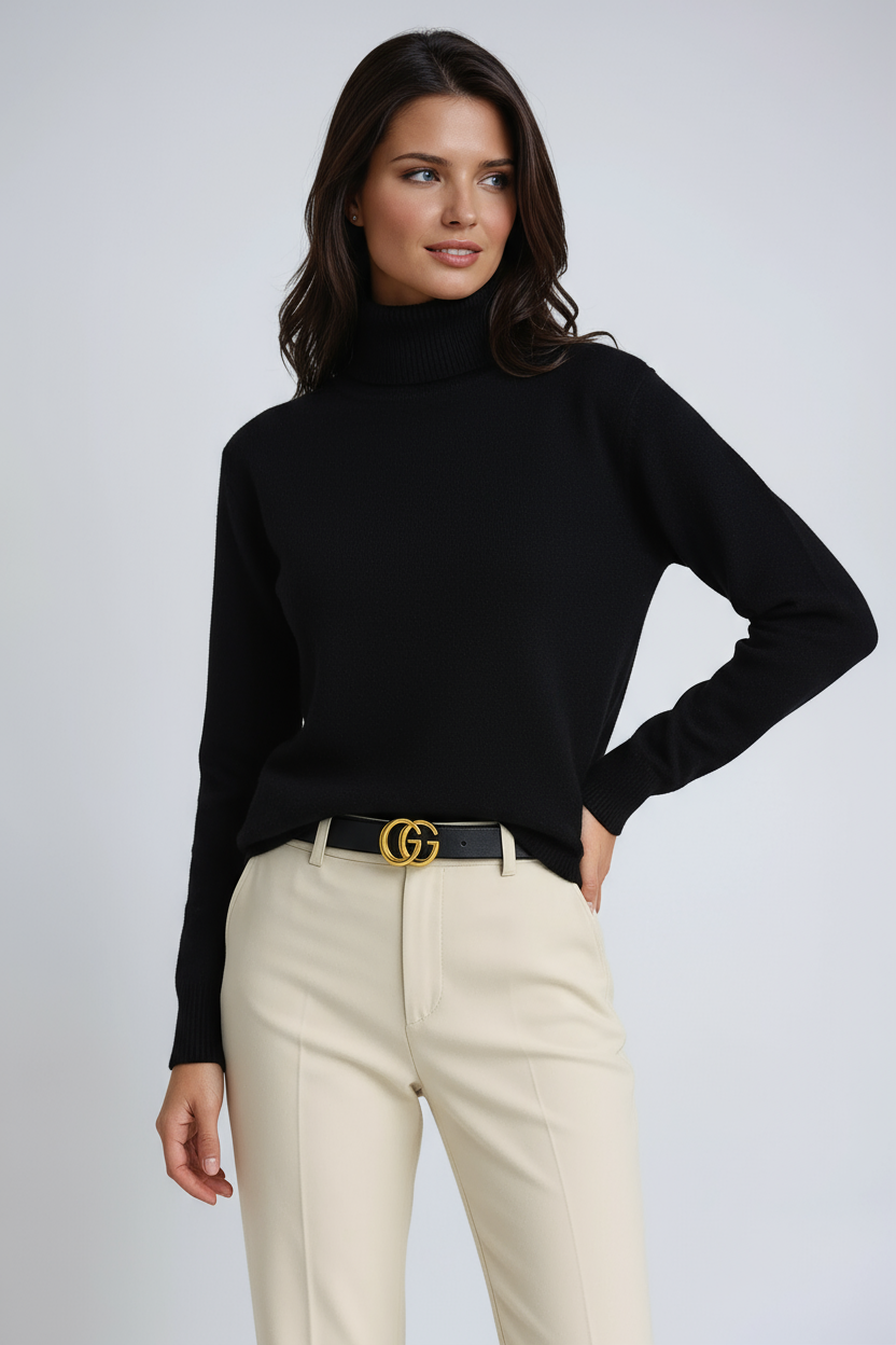 Women's fine knit turtleneck sweater with ribbed trims
