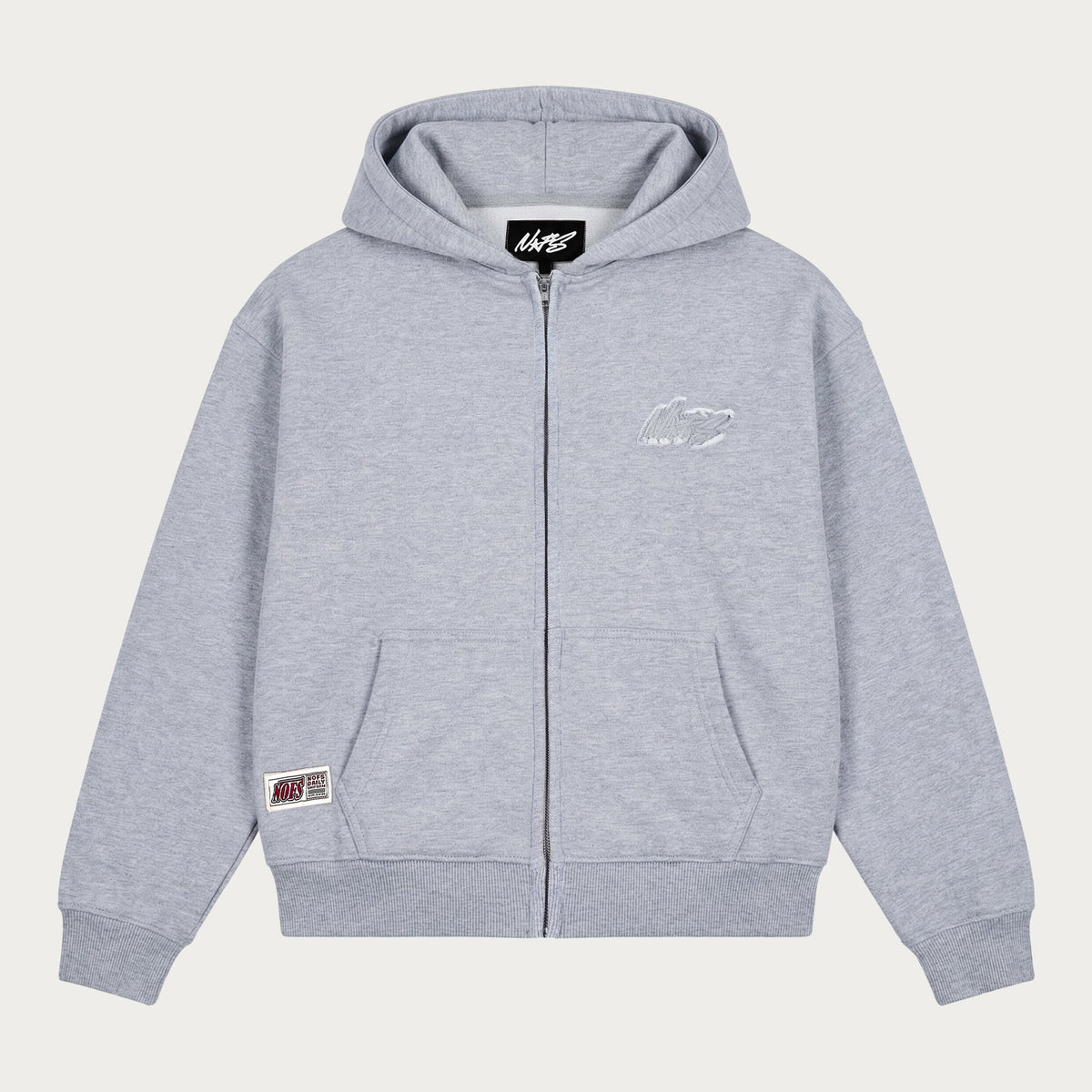 Grey men's zip hoodie with hood, long sleeves and front pockets