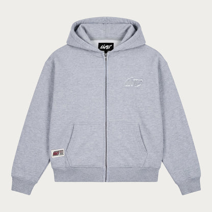 Grey men's zip hoodie with hood, long sleeves and front pockets