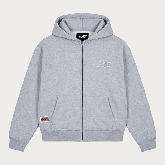 Grey men's zip hoodie with hood, long sleeves and front pockets