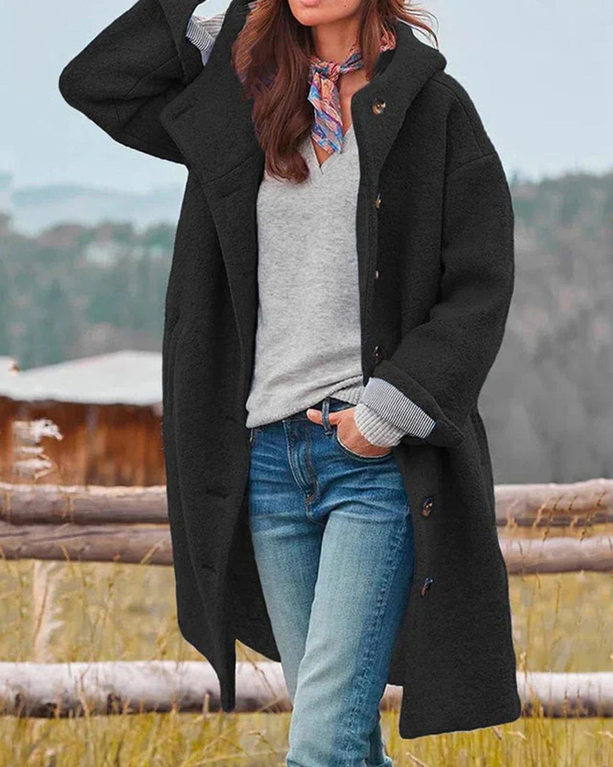 Women's long hooded button-front coat with textured finish