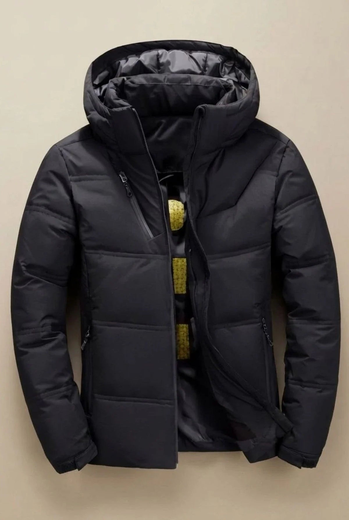 Men's hooded padded jacket with quilted panels and zip pockets
