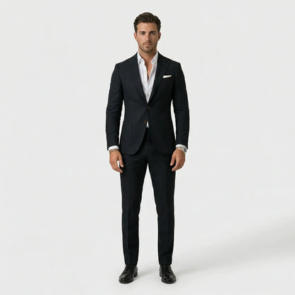 Men's tailored two-piece suit with notched lapels, long sleeves and straight-leg trousers