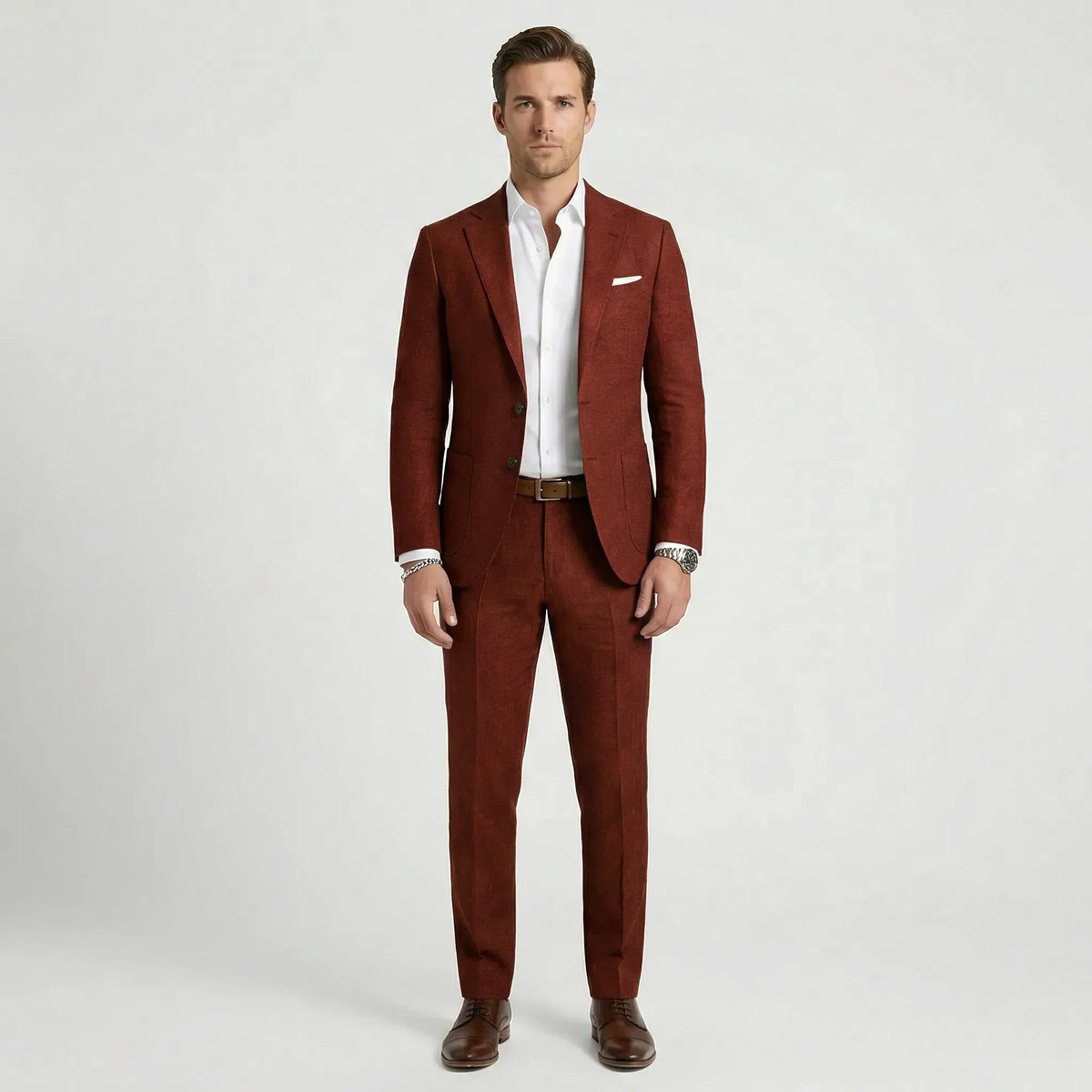 Men's tailored two-piece suit with notched lapels, long sleeves and straight-leg trousers