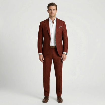 Men's tailored two-piece suit with notched lapels, long sleeves and straight-leg trousers