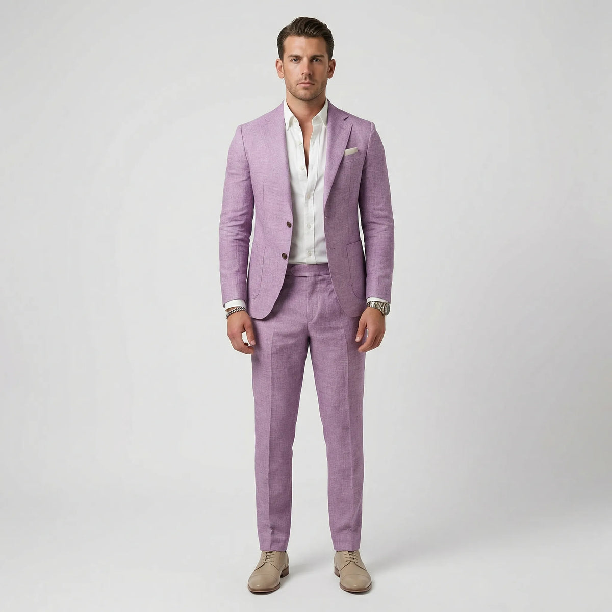 Men's tailored two-piece suit with notched lapels, long sleeves and straight-leg trousers