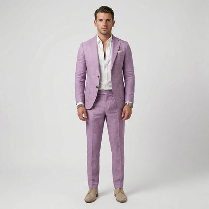 Men's tailored two-piece suit with notched lapels, long sleeves and straight-leg trousers
