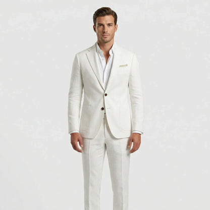Men's tailored two-piece suit with notched lapels, long sleeves and straight-leg trousers