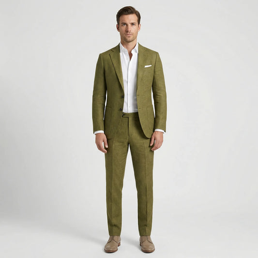 Men's tailored two-piece suit with notched lapels, long sleeves and straight-leg trousers