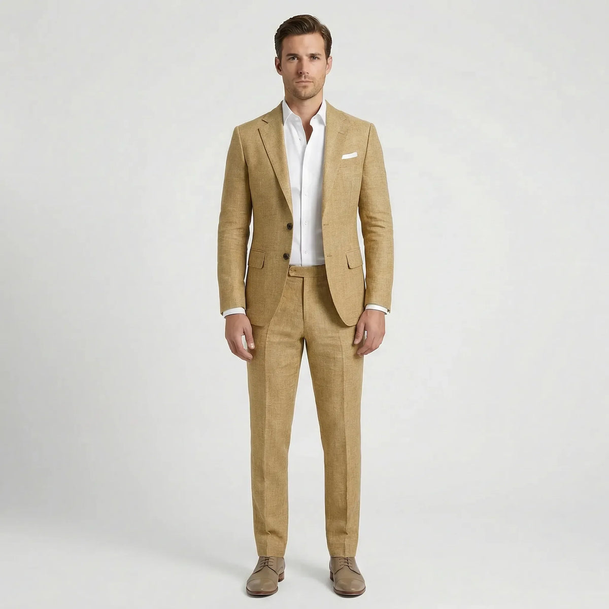 Men's tailored two-piece suit with notched lapels, long sleeves and straight-leg trousers