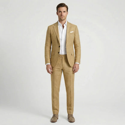 Men's tailored two-piece suit with notched lapels, long sleeves and straight-leg trousers
