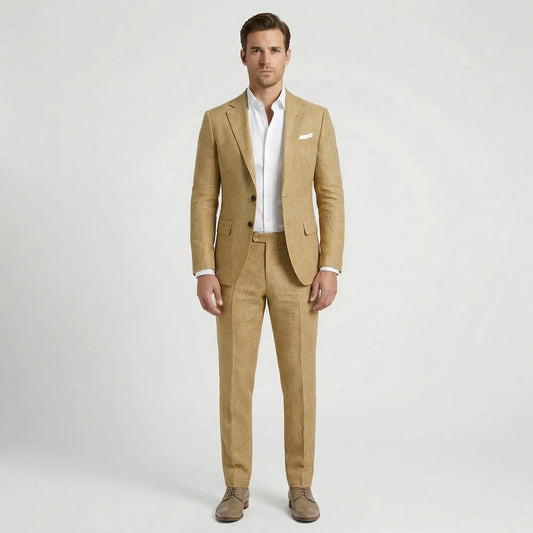 Men's tailored two-piece suit with notched lapels, long sleeves and straight-leg trousers