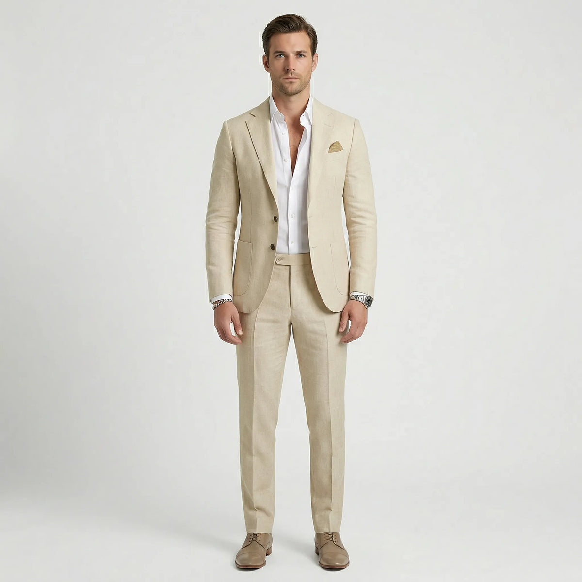 Men's tailored two-piece suit with notched lapels, long sleeves and straight-leg trousers