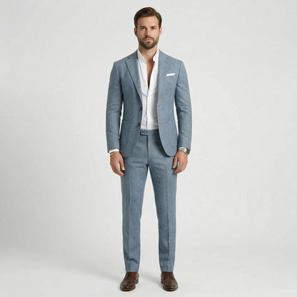 Men's tailored two-piece suit with notched lapels, long sleeves and straight-leg trousers