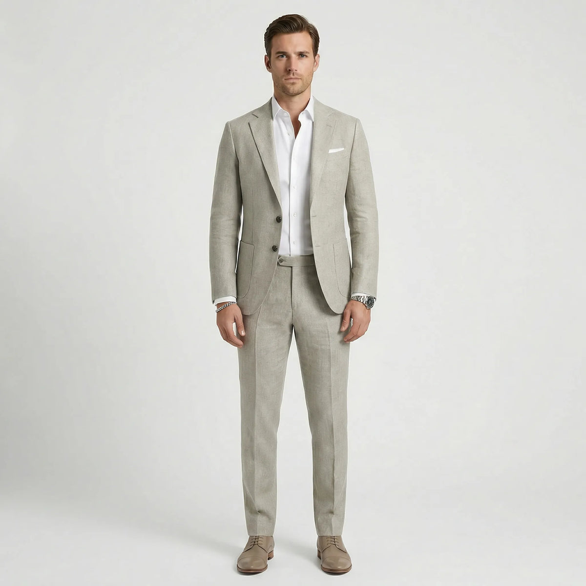 Men's tailored two-piece suit with notched lapels, long sleeves and straight-leg trousers