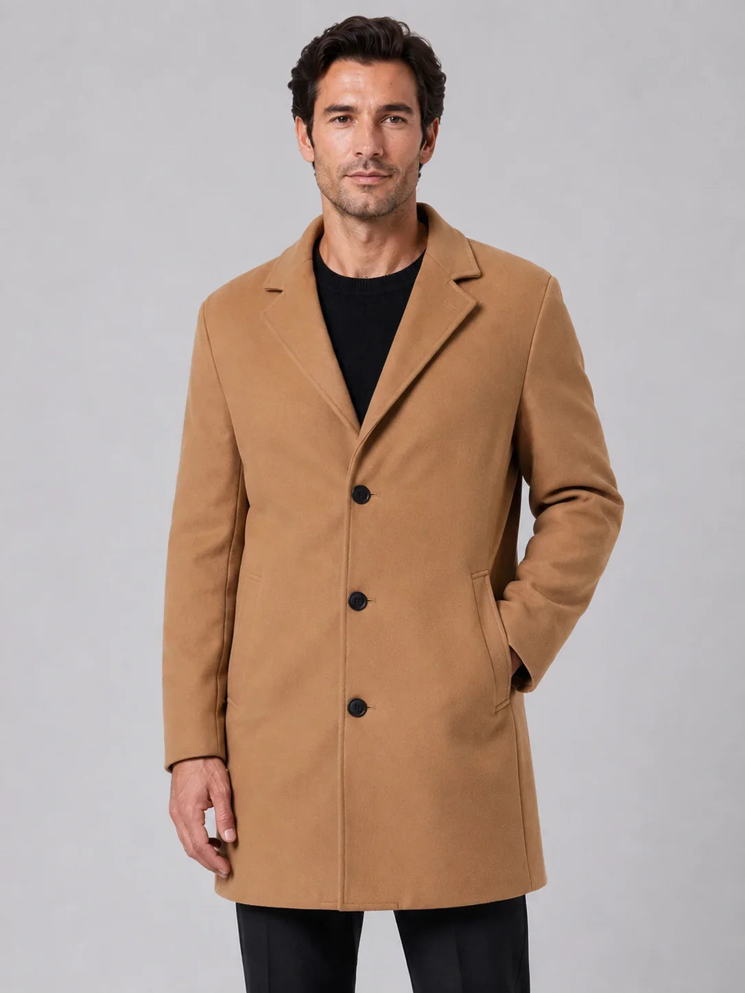 Men's single-breasted longline overcoat with notched lapels and button front