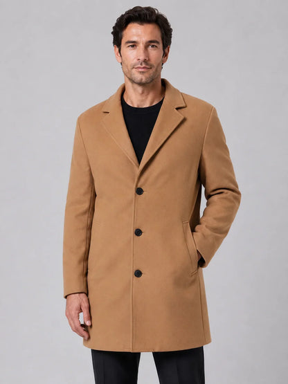 Men's single-breasted longline overcoat with notched lapels and button front