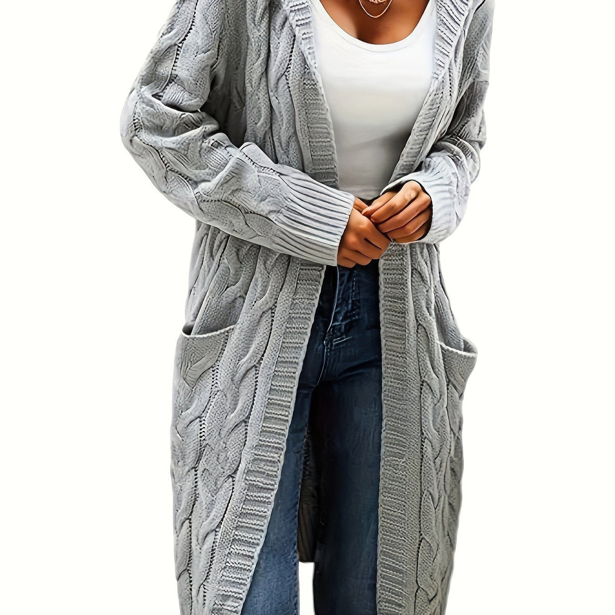 Women's long textured cable knit cardigan with open front and patch pockets