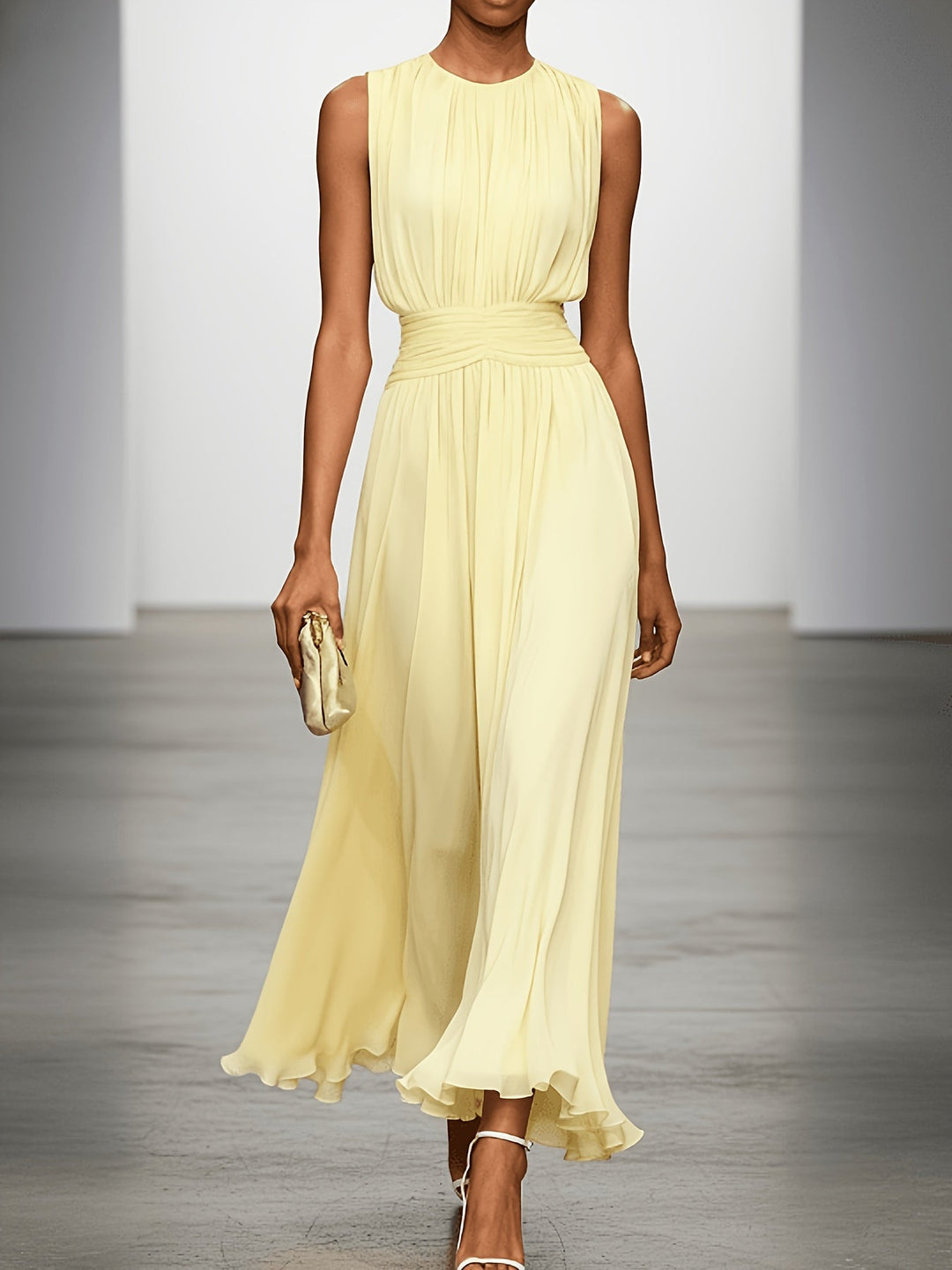 Women's Chiffon Midi Dress — Draped-Waist Flowing Elegant Summer Dress, Yellow / S