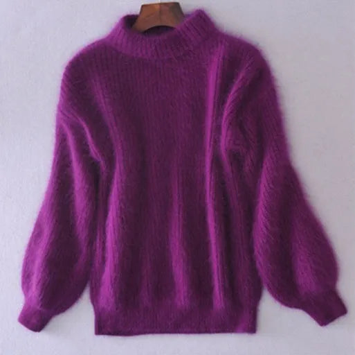Women's mock neck sweater with long balloon sleeves and ribbed trims