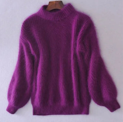 Women's mock neck sweater with long balloon sleeves and ribbed trims