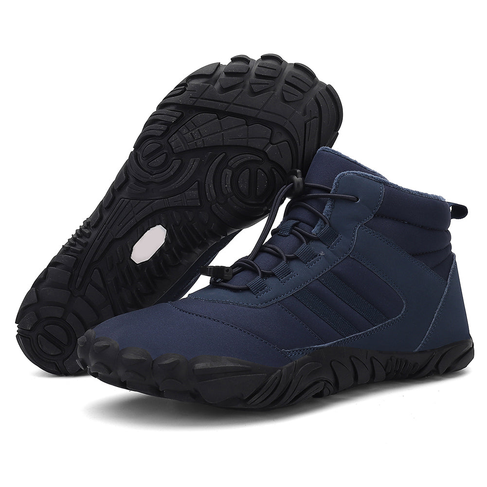 Fleece-lined barefoot ankle boots with lace-up fronts and rugged flat soles