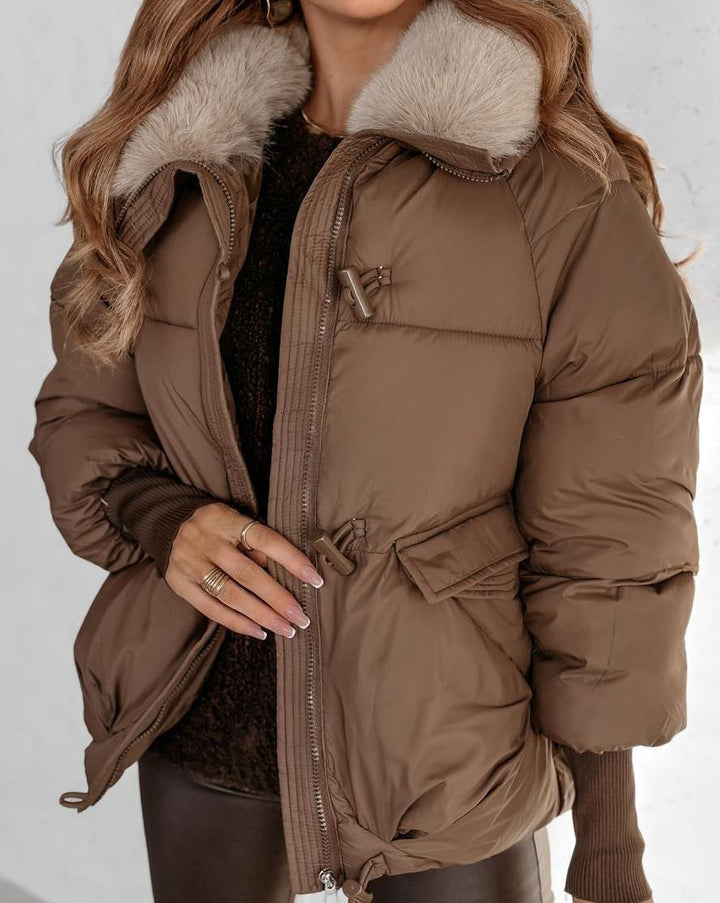Women's short hooded puffer jacket with plush collar and pockets
