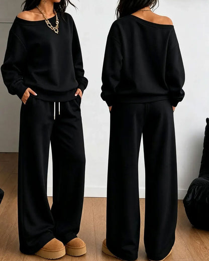 Women's off-shoulder sweatshirt and wide-leg trouser set