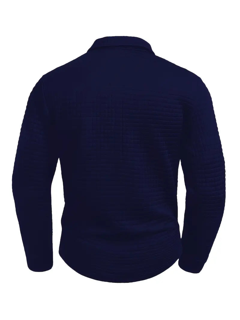 Men's textured quilted pullover sweater with polo collar and sleeve zip pocket