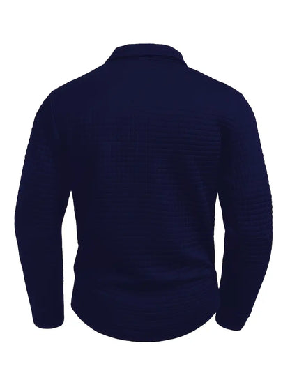 Men's textured quilted pullover sweater with polo collar and sleeve zip pocket