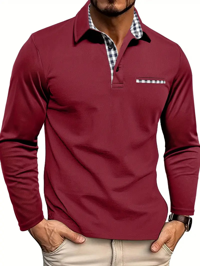 Men's long sleeve polo shirt with checked collar and chest pocket trim