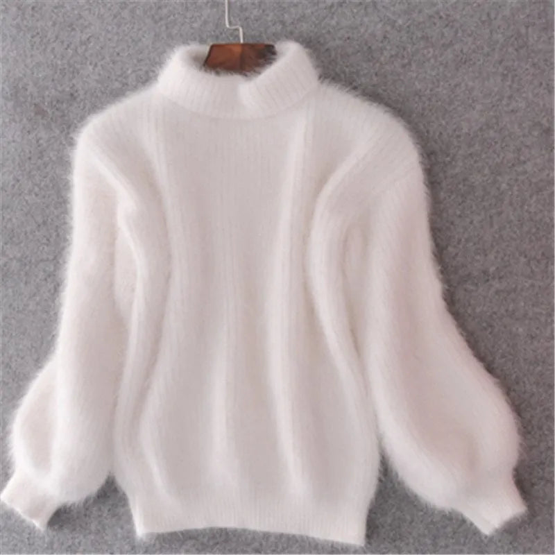 Women's mock neck sweater with long balloon sleeves and ribbed trims