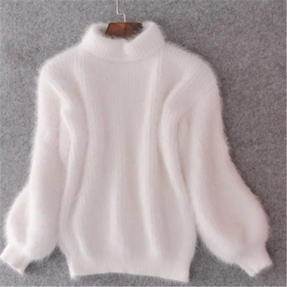 Women's mock neck sweater with long balloon sleeves and ribbed trims