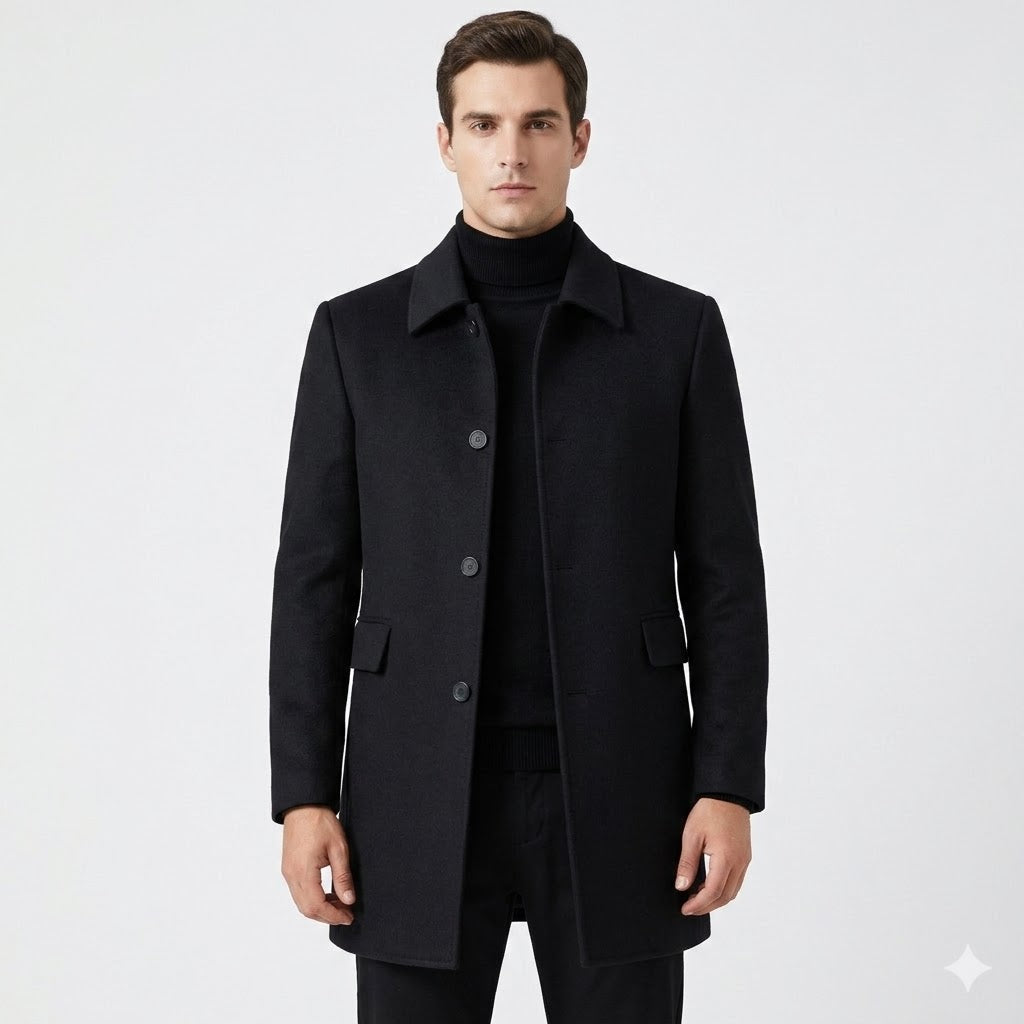 Men's structured overcoat with notched collar, button front and flap pockets