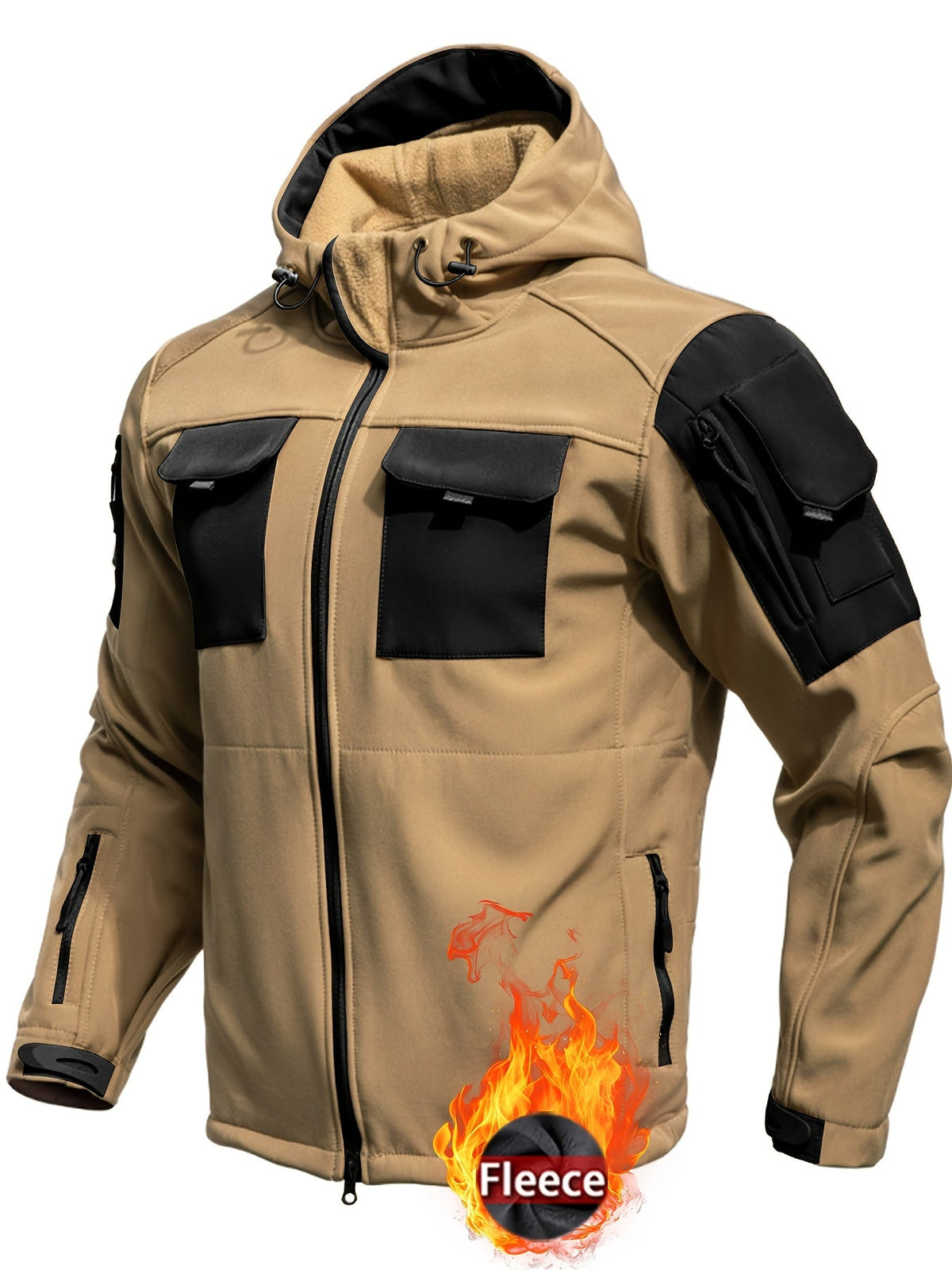 Men's hooded softshell jacket with long sleeves and multiple utility pockets